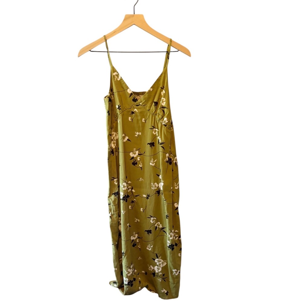 Brixton Lanai Linen Womens Floral V-Neck Spaghetti Strap Midi‎ Dress Moss Sz M